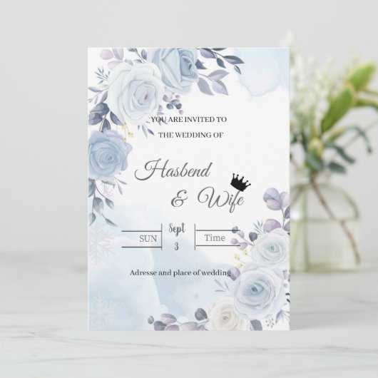 Zachte Blauwe Aquarel Bloemen Trouw Uitnodiging (Staand voorkant)