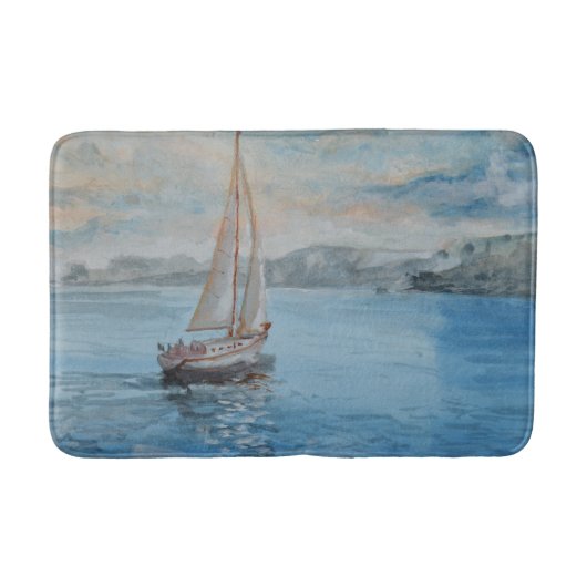 Zachte Blauwe Aquarel Zeilboot Badmat (Voorkant)