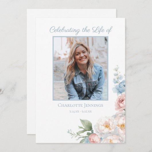 Zachte Blauwe Bloemen Begrafenis Gedenkteken Orde  Programmakaart (Voorkant / Achterkant)