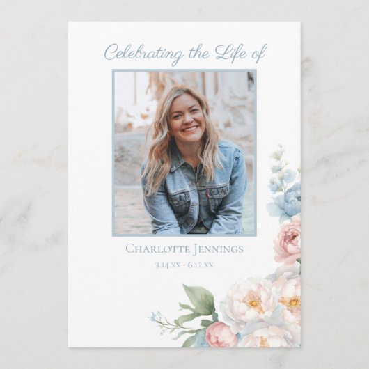 Zachte Blauwe Bloemen Begrafenis Gedenkteken Orde  Programmakaart (Voorkant)