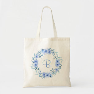 Zachte blauwe bloemenkrans gepersonaliseerd cadeau tote bag