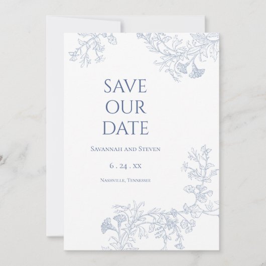 Zachte Blauwe Bloemige Bewaar de Datum Save The Date (Voorkant)