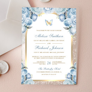 Zachte Blauwe Bloemige Gouden Boog Vlinder Bruilof Acryl Uitnodigingen