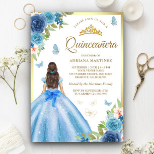 Zachte Blauwe Bloemjurk Vlinder Gouden Quinceanera Kaart