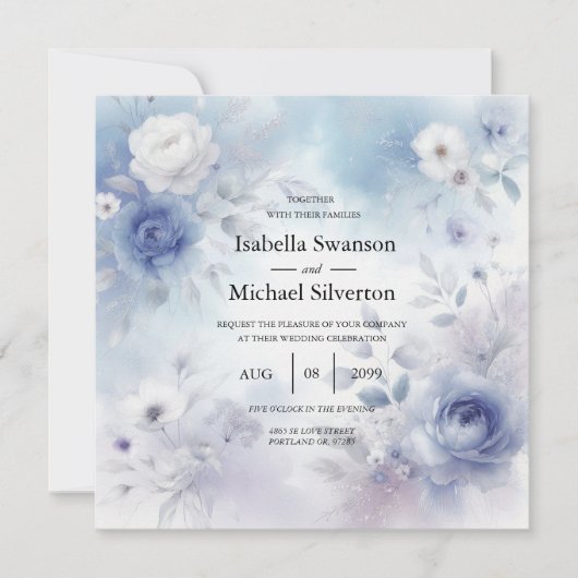 Zachte Blauwe Bloesems en Lavendel Mist Wedding Kaart (Voorkant)