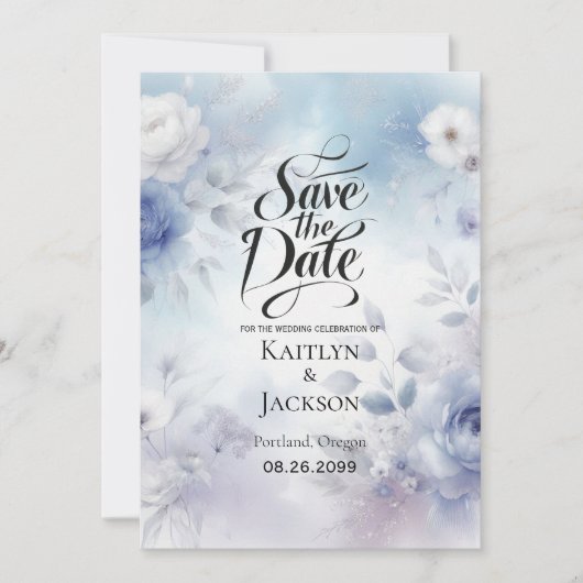 Zachte Blauwe Bloesems en Lavendel Mist Wedding Save The Date (Voorkant)