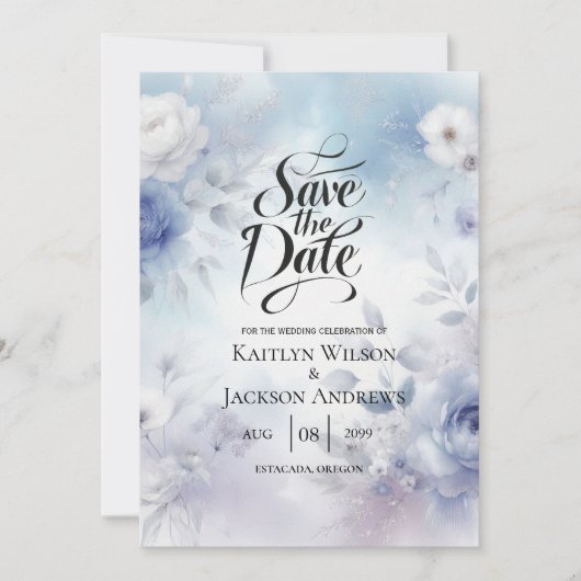 Zachte Blauwe Bloesems en Lavendel Mist Wedding Save The Date (Voorkant)