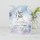 Zachte Blauwe Bloesems en Lavendel Mist Wedding Save The Date (Staand voorkant)