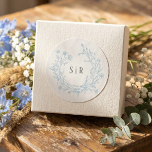 Zachte Blauwe Boho Bloemige Monogram Huwelijk Ronde Sticker