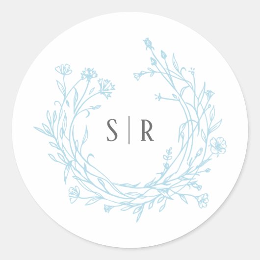 Zachte Blauwe Boho Bloemige Monogram Huwelijk Ronde Sticker (Voorkant)