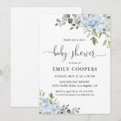 Zachte Blauwe Botanische Babyshower Uitnodiging (Voorkant / Achterkant)