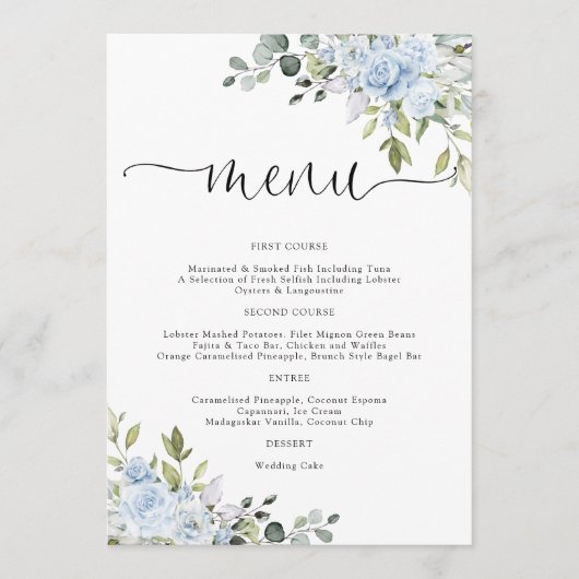 Zachte Blauwe Botanische Trouwmenu Menu (Voorkant)