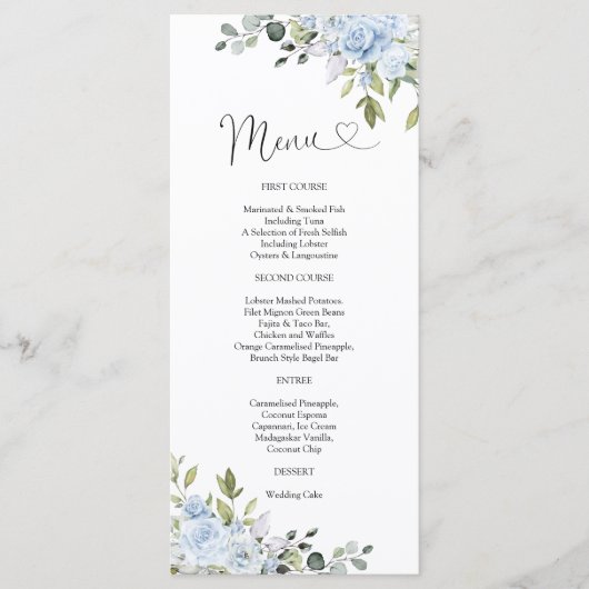 Zachte Blauwe Botanische Trouwmenu Menu (Voorkant)