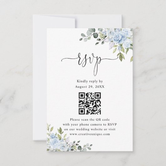 Zachte Blauwe Botanische Trouwwebsite QR-code RSVP Kaartje (Voorkant)