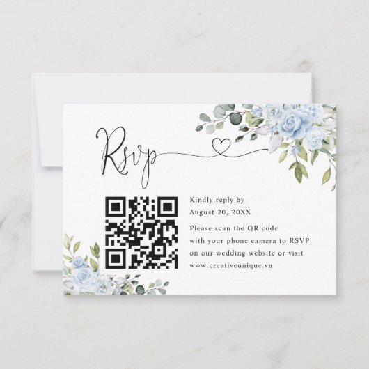 Zachte Blauwe Botanische Trouwwebsite QR Code RSVP Kaartje (Voorkant)
