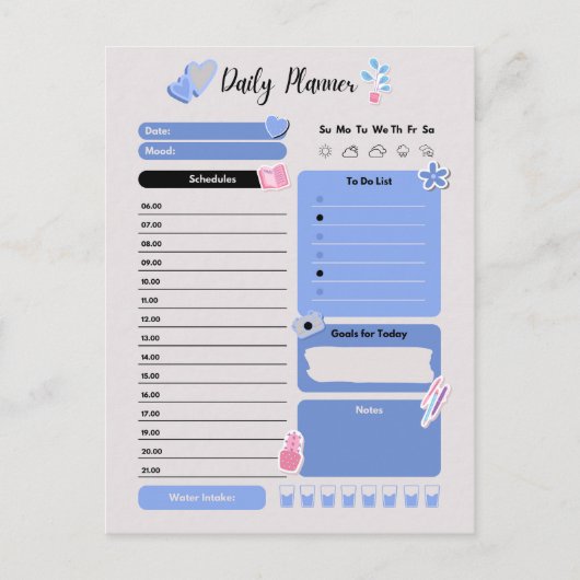 Zachte Blauwe Dagelijkse Planner met Stemming & Wa Briefkaart (Voorkant)
