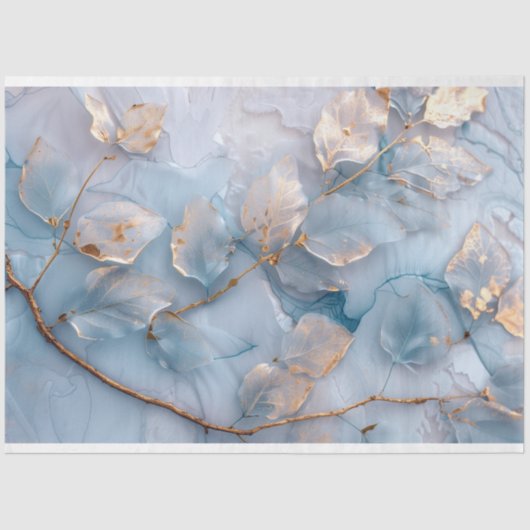 Zachte Blauwe en Gouden Botanische Decoupage Tissuepapier (Voorkant)