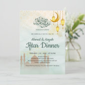 Zachte Blauwe en Gouden Moskee Iftar Dinerfeest Kaart (Staand voorkant)