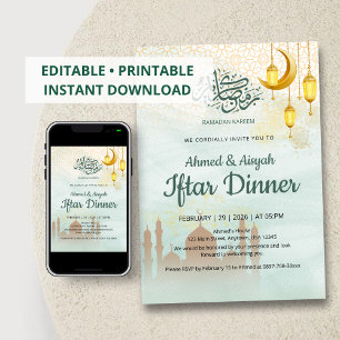 Zachte Blauwe en Gouden Moskee Iftar Dinerfeest Kaart