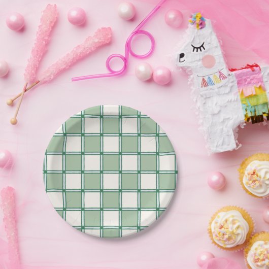 Zachte blauwe en groene Preppy Checkers Papieren Bordje (Feest)
