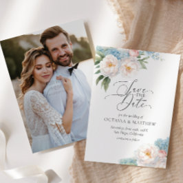 Zachte Blauwe en Roze Bloemen Script FOTO BRUILOFT Save The Date
