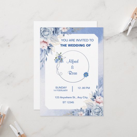 Zachte Blauwe en Witte Bloemige Trouwkaart Kaart (Voorkant / Achterkant in situ)