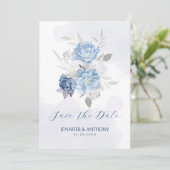 Zachte blauwe en witte rozen save the date (Staand voorkant)