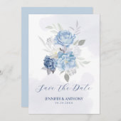 Zachte blauwe en witte rozen save the date (Voorkant / Achterkant)