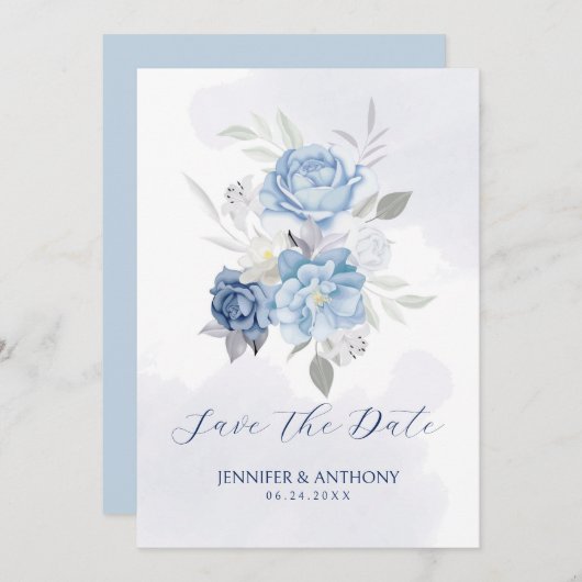 Zachte blauwe en witte rozen save the date (Voorkant / Achterkant)