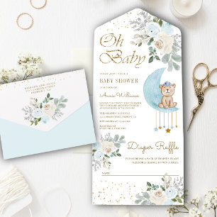 Zachte Blauwe Floral Moon Cute Teddy Bear Baby sho All In One Uitnodiging