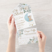 Zachte Blauwe Floral Moon Cute Teddy Bear Baby sho All In One Uitnodiging (Afscheurbaar)