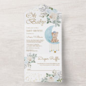 Zachte Blauwe Floral Moon Cute Teddy Bear Baby sho All In One Uitnodiging (Binnen)