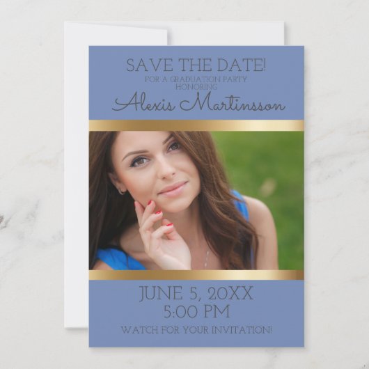Zachte Blauwe Gouden Afstudeerfeest Bewaar Datum F Save The Date (Voorkant)
