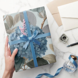 Zachte Blauwe Hortensia Grijze Bloemmotief Cadeaupapier