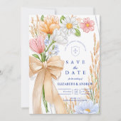 Zachte Blauwe Lint Bloemige Bruiloft Save The Date (Voorkant)