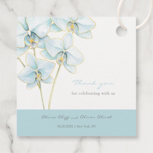 Zachte Blauwe Orchidee Bruiloft Bedankjes Labels (Achterkant)