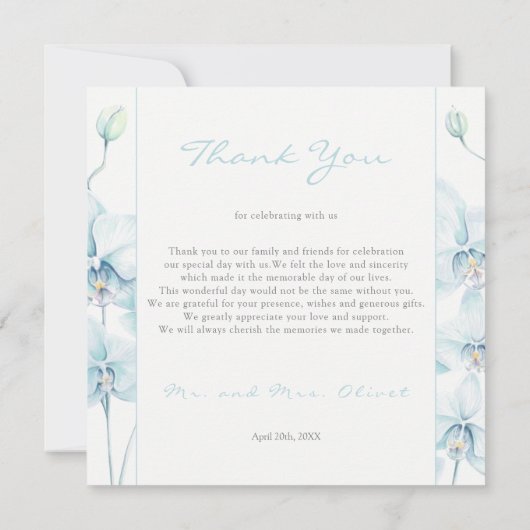 Zachte blauwe orchidee bruiloft dank u kaart (Achterkant)