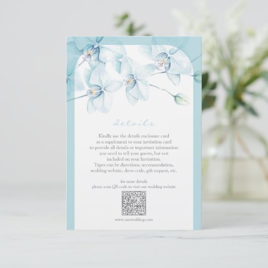 Zachte blauwe orchidee bruiloft details informatiekaartje (Staand voorkant)