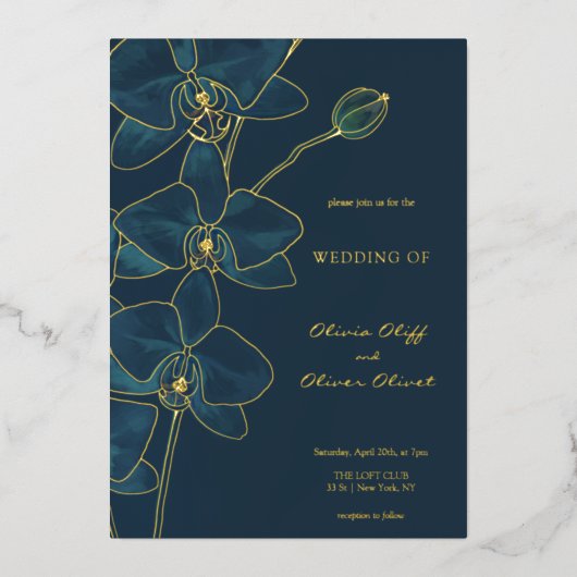 Zachte Blauwe Orchidee Bruiloft Folie Uitnodiging (Voorkant)