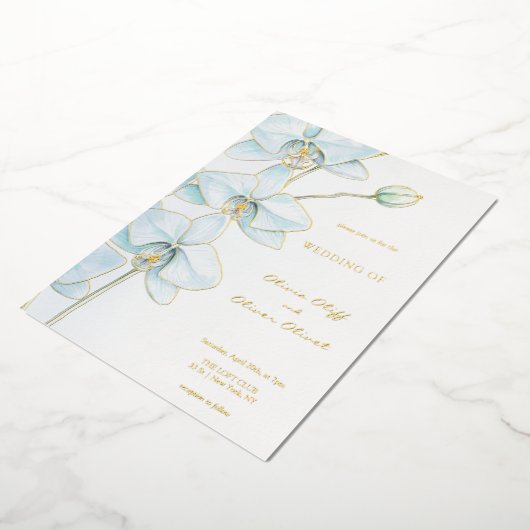 Zachte Blauwe Orchidee Bruiloft Folie Uitnodiging (Gedraaid)