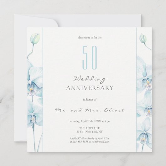 Zachte Blauwe Orchidee Bruiloft Jubileum 50 jaar Kaart (Achterkant)