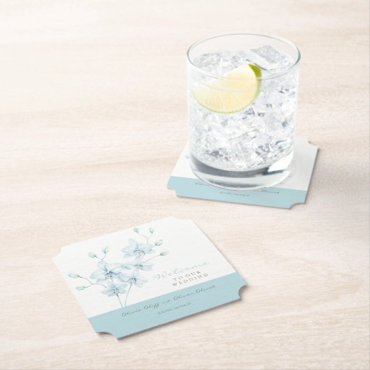 Zachte Blauwe Orchidee Bruiloft Welkom Kartonnen Onderzetters (Insitu)