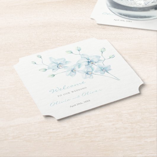 Zachte Blauwe Orchidee Bruiloft Welkom Kartonnen Onderzetters (Gekanteld)