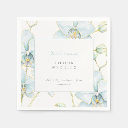 Zachte Blauwe Orchidee Bruiloft Welkom Servet (Voorkant)
