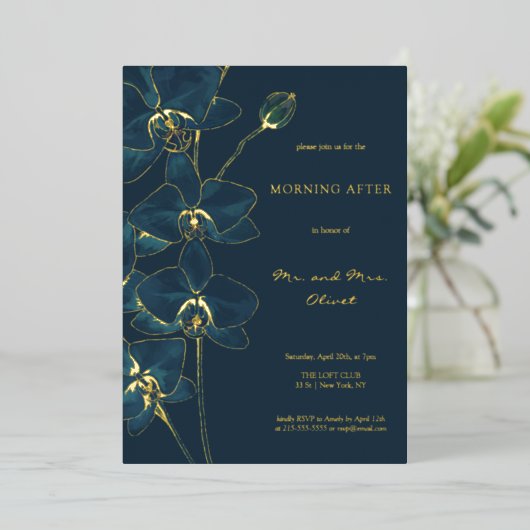 Zachte Blauwe Orchidee Ochtend Na  Folie Uitnodiging (Staand Voorkant)