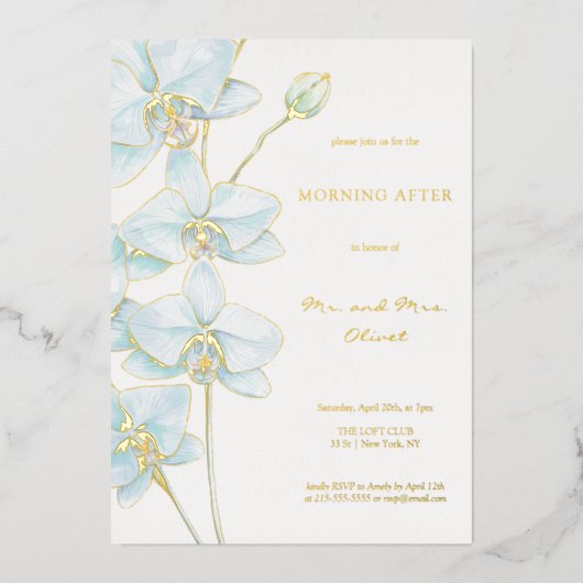Zachte Blauwe Orchidee Ochtend Na Folie Uitnodiging (Voorkant)