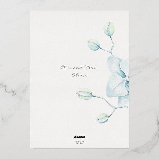 Zachte Blauwe Orchidee Ochtend Na  Folie Uitnodiging (Achterkant)