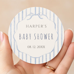 Zachte Blauwe Strepen met Frame Baby Shower  Ronde Sticker