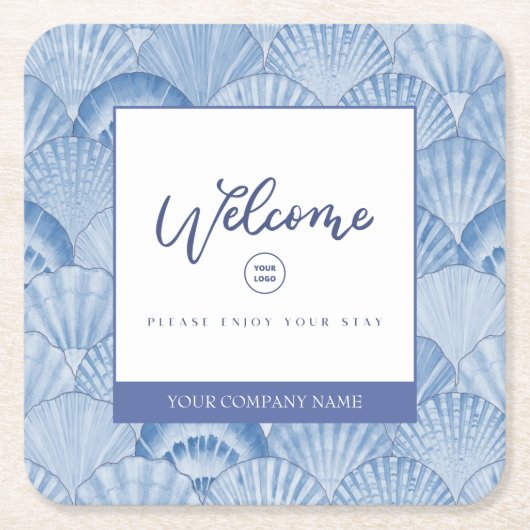 Zachte blauwe Waterverf Seashell Square Paper Onde Kartonnen Onderzetters (Voorkant)