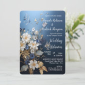 Zachte Blauwe, Witte Bloemen & Gouden bladeren Kaart (Staand voorkant)